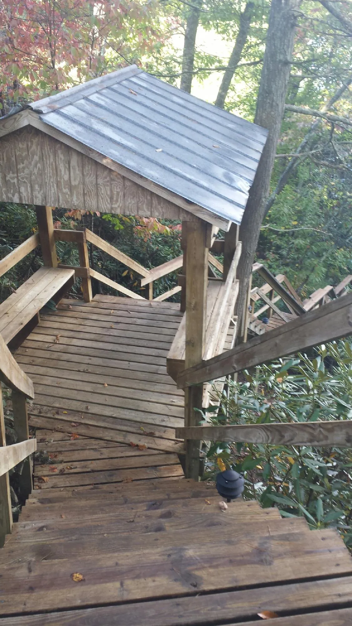 Metal roofed shelter over wooden steps on a wooded walkway — Skylight Repair & Installation work by our crew in Pauline